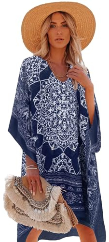 breezy lane Dam strand täcka upp kaftan klänning för baddräkt blommig baddräkt coverups resort wear, Boho marinblå, en storlek