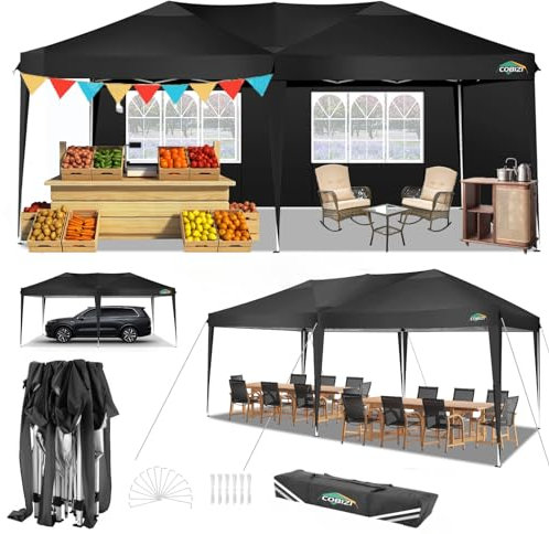 COBIZI Pop Up Gazebo 3x6m with 4 Removable Sidewalls,6 x 3 m Pop-up Commercial Tent Gazebo,Waterproof Silver-costed Oxford Marquee Canopy,UPF50+, Tent for Parties Garden & Outdoor Event,Black