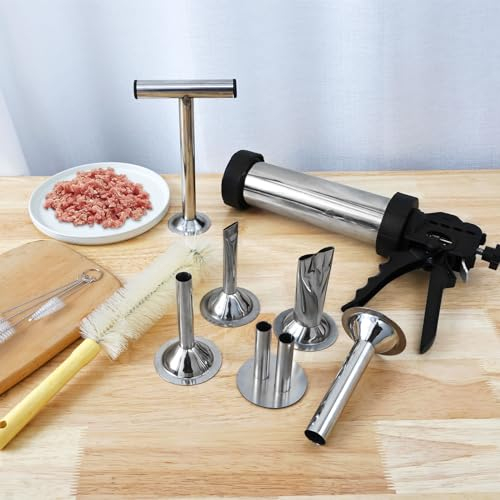 BUTORY Sausage Stuffer 304 Stainless Steel Sausage Stuffer Machine Easy to Make Sausage Maker Kit Washable Sausage Jerky Maker Sausage Maker with 5 Nozzles 5 Brushes and Meat Pusher for Kichen Home #