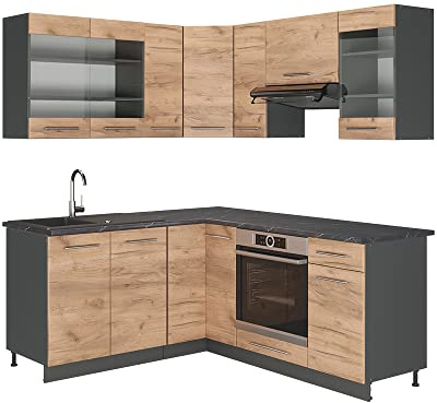 Vicco Eckküche Fame-Line, Goldkraft Eiche/Anthrazit, 190 x 160 cm | 10 Module · Höhenverstellbare Füße · AP Anthrazit inkl. · Robuste Fronten · Softclose · Metallgriffe