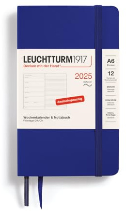 LEUCHTTURM1917 370534 Veckokalender och anteckningsbok 2025, Pocket A6 Softcover – 12-månaders planerare, 80 g, linjerad – bläck