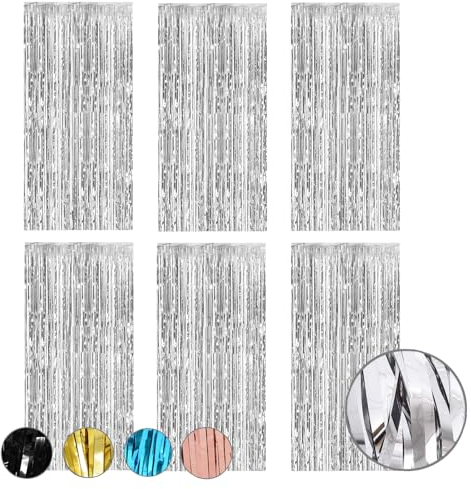 6 Piezas Cortinas con Flecos Papel de Aluminio, Cortinas de Espumillón, Reflejos Brillantes Cortinas Decorativas, para Decoraciones Boda Fiesta de Cumpleaños Navidad 1 x 2 m (Plata)