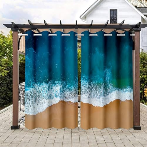 Hiseng wasserdichte Vorhänge Outdoor, 3D Meereswellen Muster Outdoorvorhänge Wetterfest 2 Stück Verdunkelungsvorhang Blickdicht mit Ösen Sichtschutz Sonnenschutz Vorhang (137x243cm,Meer Strand)