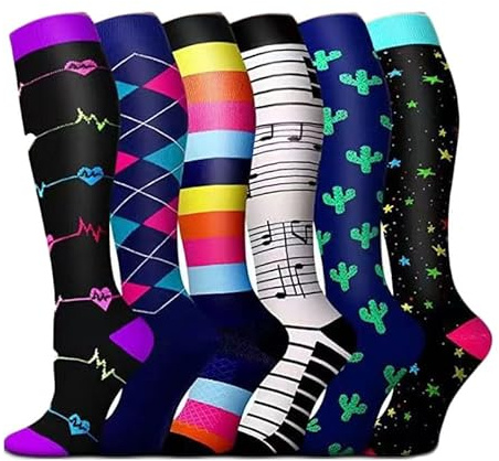 Yolhloy 6 Paar Kompressionssocken für Damen und Herren Bunte Stützstrümpfe Sport Kompressionsstrümpfe Reisestrümpfe Kniestrümpfe Compression Sock