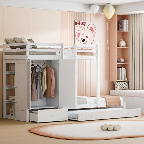 Modernes Etagenbett Aus Massivholz, Kinderbett Mit Ausziehbarem Ausziehbett Und Ablagefächern, Perfekt Für Kinder- Und Jugendzimmer (matratze Nicht Im Lieferumfang Enthalten)(Color:Weiss)
