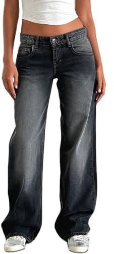 TERAZUNO Jean Large Femme Taille Basse avec Poches Évasé Baggy Tendance Années 90 Vintage Classique Harajuku (Gray2, S)