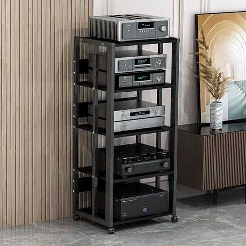 Modern Black 5 Tier Media Audio Tower Cabinet for Office with Rolling Printer Stand and CD DVD Record Player Storage Sturdy AV Media Stand Cart with Wheels for Easy Mobility