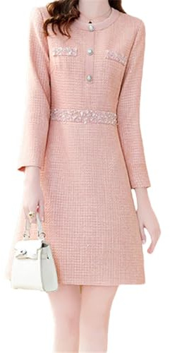 Elegantes Damen-Tweed-Kleid, Rundhalsausschnitt, Knopfleiste, lange Ärmel, Büro, Winter, schmal, A-Linie, Pnnrk, S