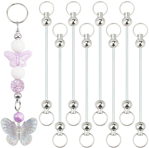 SUNNYCLUE 10Pcs Silver Beadable Keychains Bead Keychain Stick Metal Alloy Detachable Decoration Blank Linking Bars Findings with Double Rings End for DIY Crafting Keyrings Jewellery Making Supplies