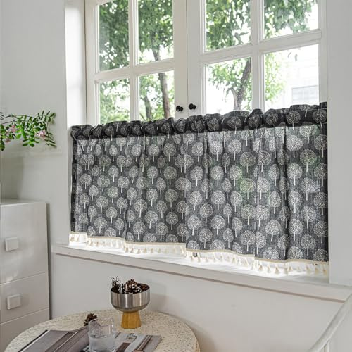 NSXIN Scheibengardine Halbtransparent Bistrogardine Blumen Küchengardinen Landhausstil mit Quasten Vorhänge Kurz für Kleine Fenster Küche Wohnzimmer Glücksbaum 150cm x 61cm