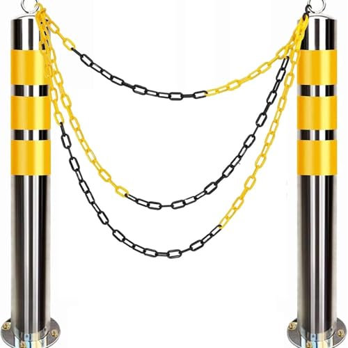 Set Of 2 Stainless Steel Driveway Bollards, with 5M Plastic Chain Barrier and Removable Base, for Parking Spaces, School Entrances, Driveways (650mmHx76mmD(25.6inHx3inD))