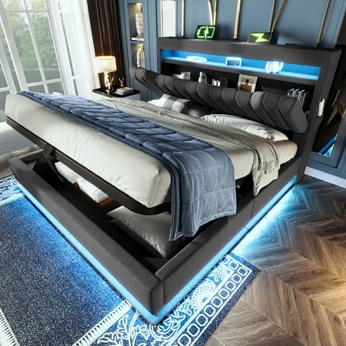 Polsterbett Doppelbett 180x200, LED Jugendbett Hydraulisches Bett Stauraumbett Funktionsbett Bettgestell mit Stauraum&Lattenrost, Stauraum-Kopfteil mit USB Type-C Aufladen, Leinen, Ohne Matratze, Grau