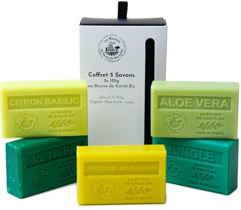 La Maison du Savon de Marseille - French Soaps - 5 x 125g Bars - Organic Shea Butter Skincare Gift Set - Evergreen Collection - Vetivert - Aloe Vera - Lemon Basil - Verbena Mandarin - Jungle