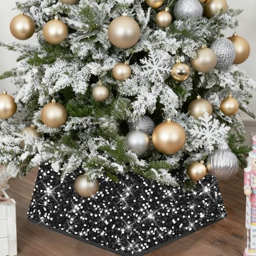 Shyllin Weihnachtsbaum Kragen, Glitzer Weihnachtsbaum Rock mit Pailletten Samt, Hülle für Weihnachtsbaumständer, Faltbar Weihnachtsbaumkragen, Weihnachtsbaumdecke, Weihnachtsbaumschmuck - Schwarz 4