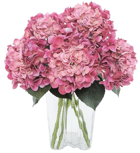 Coferset 3Pcs Large Hydrangea Artificial Flowers 24.8 Real Touch Faux Hydrangea UV&Waterproof Latex Fake Flowers with Bendable Stems &Leaves for Wedding Bouquet Centerpieces Home Party Decor(Magenta)