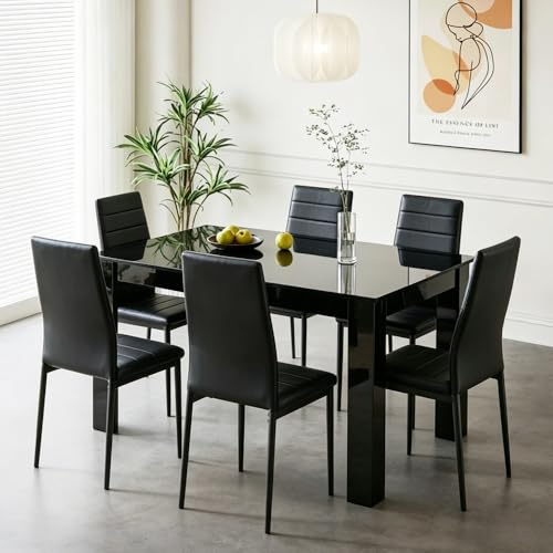 Homullel 7 Piece Dining Room Table and Chairs Set for Dining Room Kitchen, Modern Black High Gloss Dining Table with 6 Black Leather Chairs for Family Dinner Set Space Saving