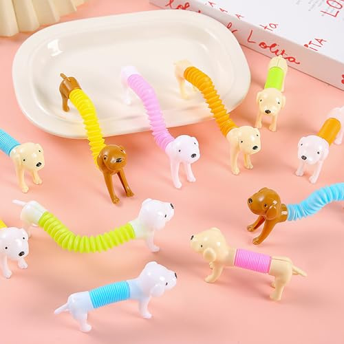 Gleemix 10 Stück Dehnbar Pop Tubes Spielzeug, Hund Deko Saugnapf Spielzeug Party Deko, Gummitwist Dekompressionsspielzeug, Party Animals Sensory Spielzeug, Saugnapf Figuren, Entspannung & Spaß & Fokus