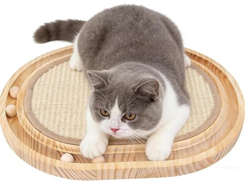 Katzen Kratzbrett, 2 in 1 Kratzbretter Katze und Katzenspielzeug Kugelbahn Holz, 43x33x2,5cm Kratzmatte Katze mit 6 kleine Rollkugeln, für Katzen zum Kratzen, Spielen und Schlafen