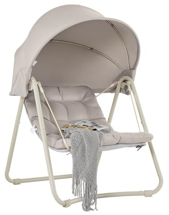 Sobuy Dondolo da Giardino Poltrona Relax con Parasole Regolabile Amaca da Giardino Sedia a Dondolo per Esterni e Interni Poltrona Sospesa Beige 108x126x163 cm OGS62-MI