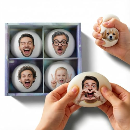 Personalisierte Fidget Toys Set,4 Stück Stressbälle, Squishies Stressabbau-Spielzeug mit 4 individuell bedruckbaren Motiven Ihre Fotos für Erwachsene, Büroangestellte & reizbare Personen