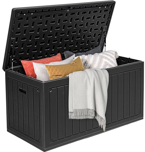 DWVO 340L Resin Aufbewahrungsbox für Außen, Doppelwandige wasserdichte Gartenbox mit Holzmaserung, Abschließbare Aufbewahrungsbox als Tisch oder Sitzbank (204 kg Belastbarkeit) – Schwarz