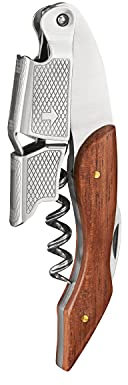 True Sommelier Waiters Corkscrew Wine Opener with Built-in Bottle Opener and Sharp Foil Cutter, Stainless Steel with Wood Handle for Travel, Home Bar, Kitchen, Gifts for Wine Lovers, Set of 1