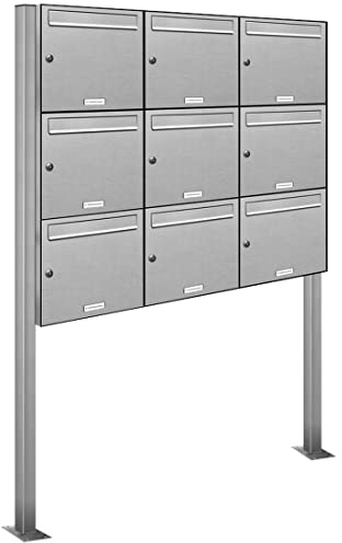 AL Briefkastensysteme 9er V2A Edelstahl Standbriefkasten rostfrei als 9 Fach Briefkastenanlage DIN A4 in Postkasten Briefkasten Design modern