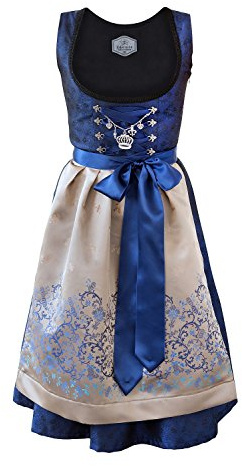 Edelnice Trachtenmode Exclusivo traje de tirolesa Midi con precioso delantal y charivari, tallas 32-54, color azul real y dorado, azul, 36