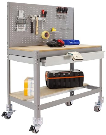 Simon Rack Banco de Trabajo Taller con Ruedas 1510x610 mm - BT2 | Panel Perforado y Cajón, Tablero madera 16 mm, Capacidad Carga 120 kg, Gris , Pintura anticorrosión, Montaje sistema clic