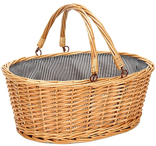Panier de pique-nique en osier avec deux poignées pliantes, grand panier vide en saule naturel pour œufs de Pâques, bonbons, vin, jouets, fleurs, mariage (gris, 40,6 cm)