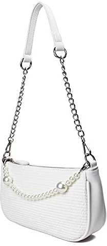 CAMILIFE Weiße Clutch Schulter Handtasche Mini Handtaschen mit Perlenkette Classic Vintage Tasche Kleine Weiße Handtasche für Damen 90er Umhängetasche Hochzeit Wedding Prom Party