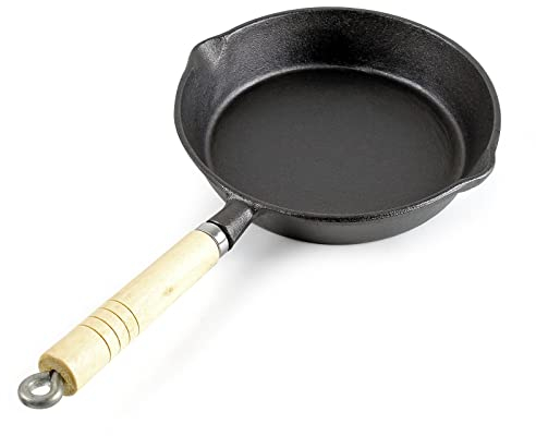 Wiltec Poêle à frire en Fonte Ø20cm avec Manche en bois et Bec verseur Accessoires cuisson Effet Anti-adhésif naturel Cuisine