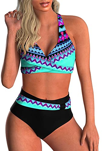 Yutdeng Swimwear Damen Bikini Set Crossover Push-up Bikinioberteil mit Schultergurt Breites Unterbrustband Bademode Bedruckter Plissee-Bikinihose Hohe Taille Badeanzüge Chic