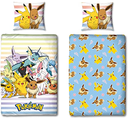 Pokémon - Kinderbettwäsche Set 2-teilig 135x200 cm + 80x80 cm - Wendebettwäsche mit Pikachu & Pokemon – 100% Baumwolle mit Reißverschluss - atmungsaktiv Farbecht & pflegeleicht - Öko-Tex
