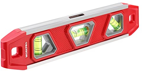WORKPRO Wasserwaage Magnetisch 23 cm, Mini Wasserwaage Torpedo-Wasserwaage mit 3 Libellen 45°/90°/180°, Schlagfeste Blocklibelle, Aluminium-Rahmen, Starker Magnet, Oben ablesbar, Für Bauprofis