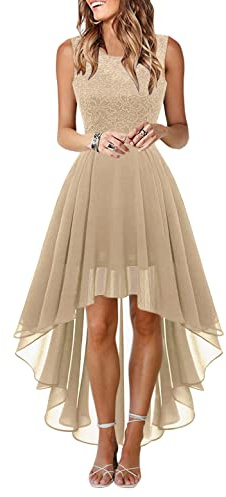 Onsoyours Robe de Cocktail Femme Longue Robes Soirée en Dentelle Mousseline de Soie Robes Chic Elégant sans Manches Sexy Robe Asymétrique B Kaki S