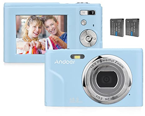 Andoer Portable Digital Camera 48MP 1080P 2.4-inch IPS Screen 16X Zoom Auto Focus Self-Timer 128GB Extended Memory Face Detection Anti-Shaking with 2pcs Batteries Hand Strap Carry Pouch