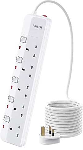 PARTH 5m Extension Lead with Switches Surge Protection UK Plug Extension 5 Metre Cable Extension Cord 5 Way Sockets Power Extension with Overload Protection 3250W/13A