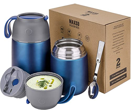 Boîtes Alimentaires Isothermes Set 500ml+700ml, Boîte Isotherme Repas Chaud en Acier Inoxydable avec Cuillère, Thermoisolant Boîte Récipient Thermique sans BPA pour Ecole Bureau(Bleu Brillant)