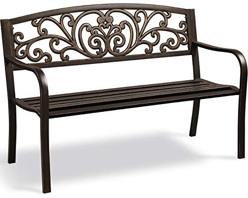 Yaheetech Trädgårdsbänk i metall, väderbeständig parkbänk, järnbänk, vilobänk för 2–3-sits, vintage sittbänk med ryggstöd armstöd för trädgård, balkong och terrass, brons