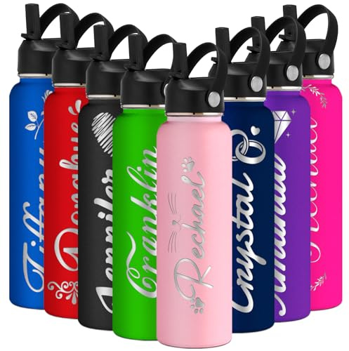 Individuell gravierte Wasserflasche, isoliert mit Strohhalm, personalisierte Sport-Wasserflasche mit Namen, personalisieren Sie Edelstahl-Wasserflasche mit Strohhalm-Deckel für Männer und Frauen