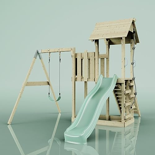 Rebo Spielturm mit Wellenrutsche und Kinder-Schaukel, Outdoor Klettergerüst Garten mit Plattform,Mintgrün