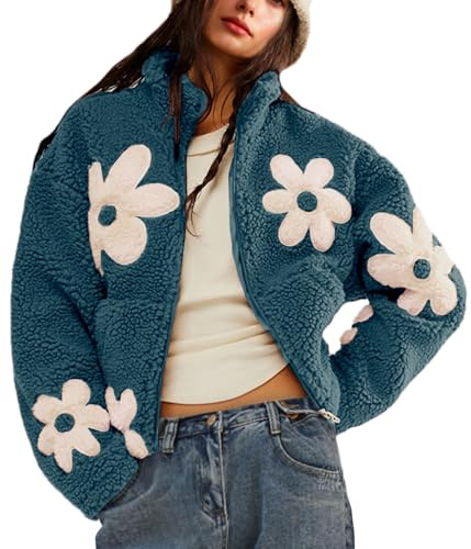 Maixang Womens Floral Print Sherpa Fleece Jackets Winter Zipper Cropped Coat Casual Long Sleeve Outwear with Pockets(Blue,XL)