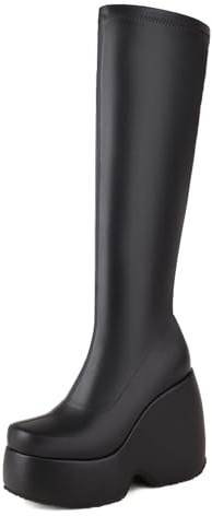 Asterisco Donna Zeppa Stivali Alti con Plateau Tacco Alto Stivali Punta Rotonda Senza Chiusura Stivali Elasticoizzati, U89242Fk Nero Numero 39 EU/40Cn