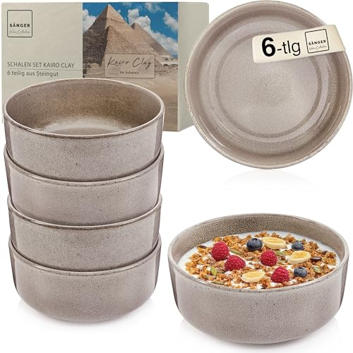SÄNGER Kairo Clay Steingut Schüssel Set 6 teilig, Müslischalen | für 6 Personen, Schalen, kratz- mikrowellen- spülmaschinenfest, Kleine Schüsseln Tiefe Teller Grau 800 ml