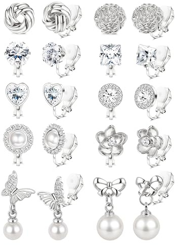 Kakonia 10 Pairs Clip on Earrings Women - Hypoallergenic Comfortable Non Pierced Earrings Round Square CZ Pearl Knot Flower Butterfly Clip on Earrings for Women Silver Gold