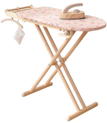howa Spielzeug Bügelbrett Holz miniflowers Holzspielzeug Bügelbrett Kinder klappbar, höhenverstellbar, mit Bügeleisen, Klammern, Bügel und Haken 2060