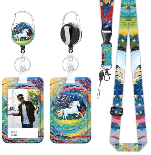 Yistoi Ausweishülle mit Band, Ausziehbarer Schlüsselanhänger Badge Holder, abnehmbarem Lanyard mit ID Kartenhalter Set für Lehrer, Ärzte und Studenten, Fahrkartenhülle Kinder (Starry White Horse)