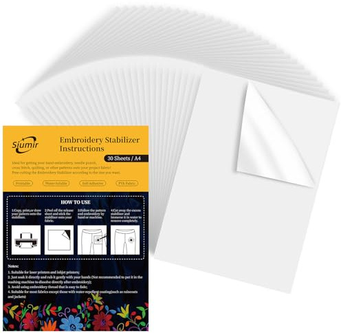 Siumir 30PCS Stabilizzatori per Ricamo, A4 (29.7x21cm) Idrosolubile Autoadesivo Stabilizzatori per Cucito, Carta da Ricamo Stampabile o Disegnabile per Ricamo a Mano e a Macchina