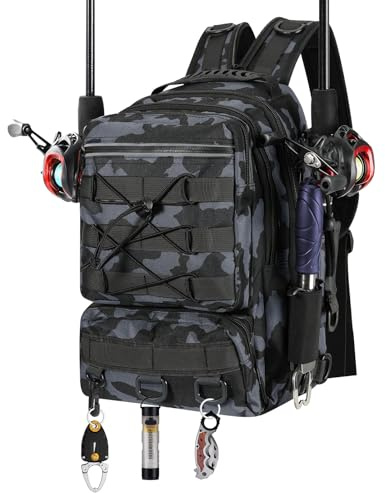 MoKo Sac à Dos de pêche avec Support pour Canne à pêche et équipement, Sac de Rangement des Accessoires en Nylon imperméable pour Le Camping, la randonnée, la Chasse, Camouflage Gris